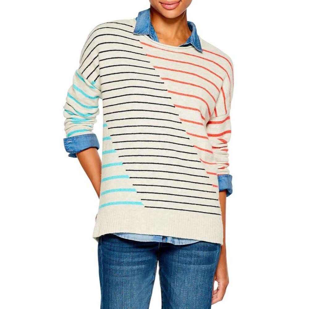 Large Petite Nic+Zoe Gray Beige Asymmetrical Stripe Pullover Sweater